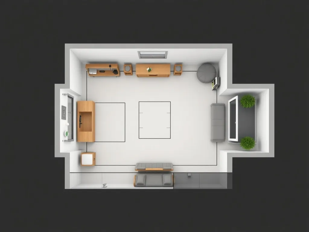 Top down architectural drawing of a small 10x10 feet home gy