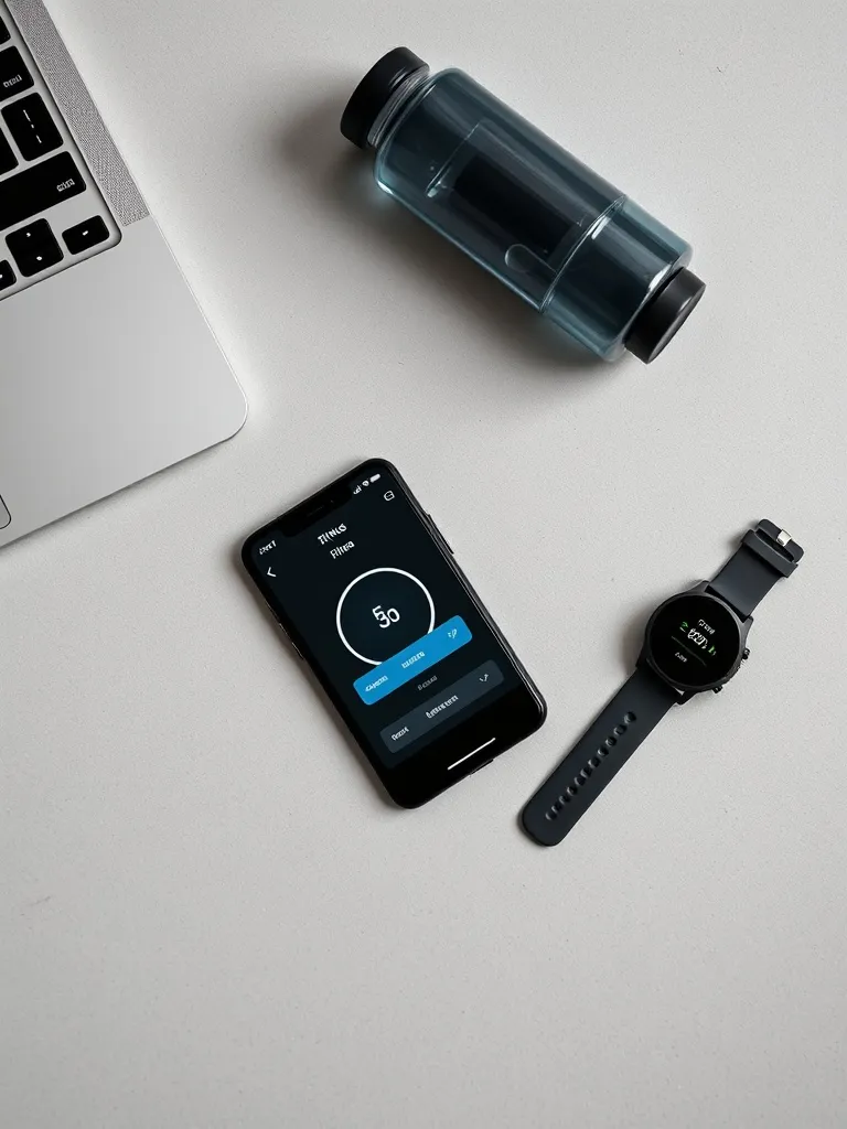 A minimalist organized desk with a smartphone showing a fitn
