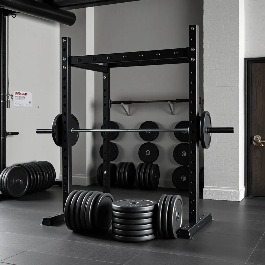Industrial style home gym with steel power rack and iron pla