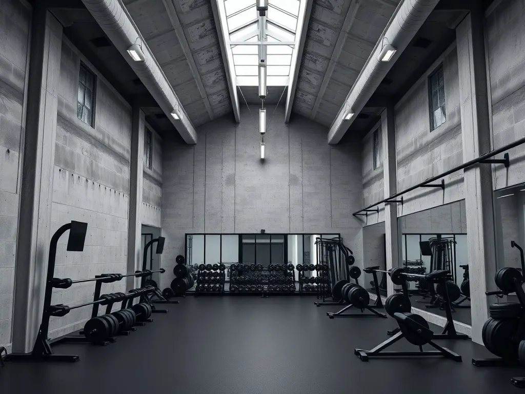 A minimalist modern gym interior with industrial lighting an