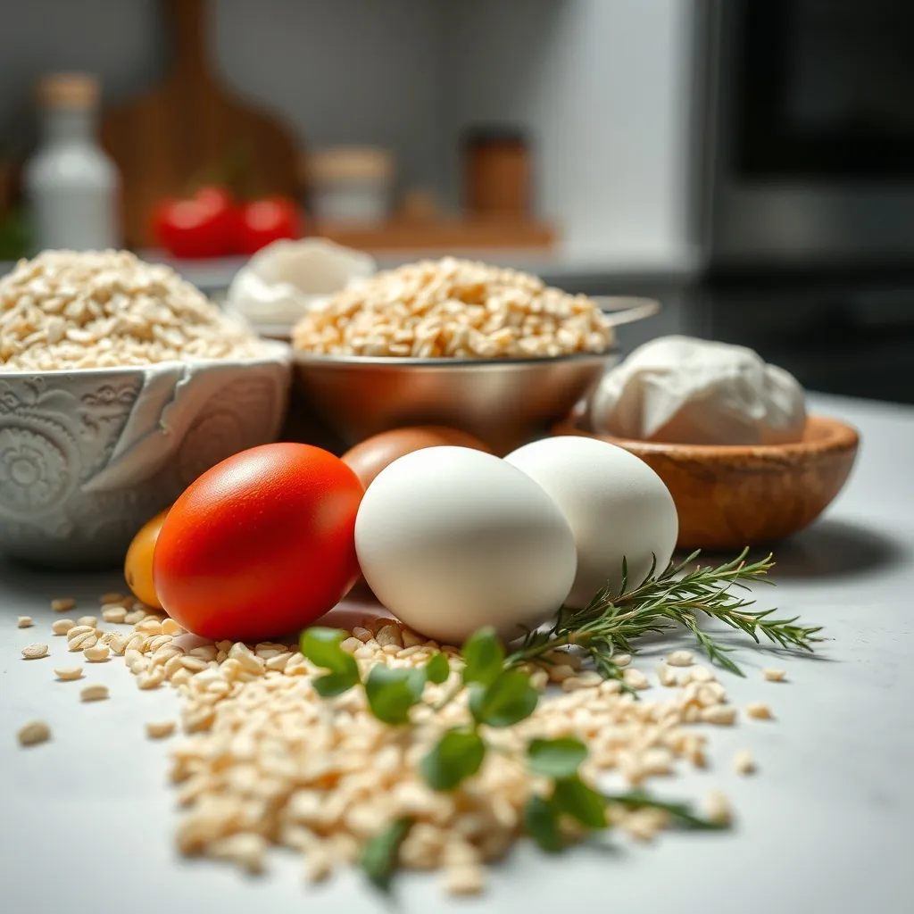 Close-up of fresh raw ingredients, grains, and eggs on a cle