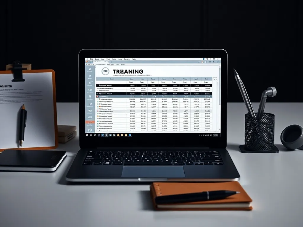 A clean, minimalist workspace with a laptop showing a traini