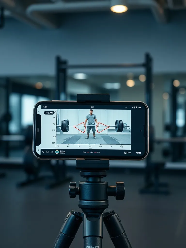 A smartphone on a tripod in a gym setting, screen showing a