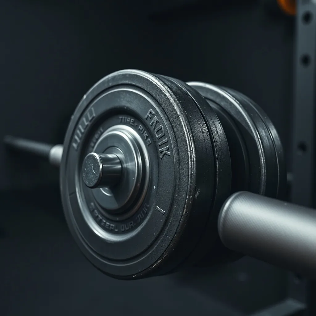 Close up of a barbell with plates in a dark gym, focused on